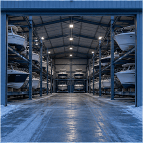 At a marina, indoor building or dry-stack facility